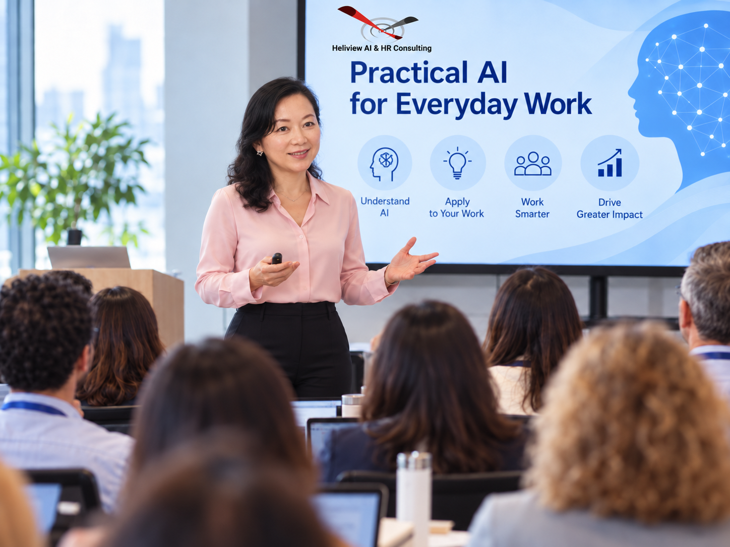 Sarah Tong presenting an AI training workshop.