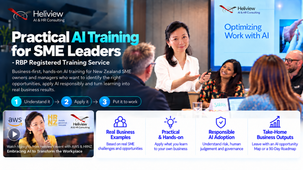Practical AI Training for SME Leaders, with business examples, practical learning, responsible AI adoption and take-home business outputs.